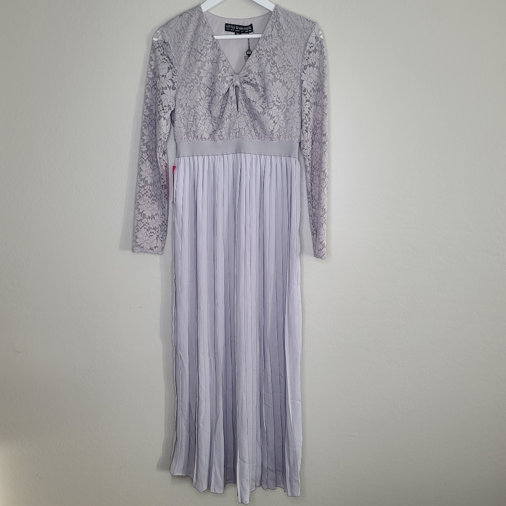 Little Mistress Maternity Gray Lace Pleated Midi Dress NWT
